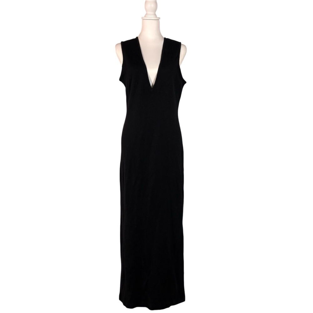90s Black 100% Wool Dress Women’s L Sleeveless V-Neck Classic Chic Knit‎